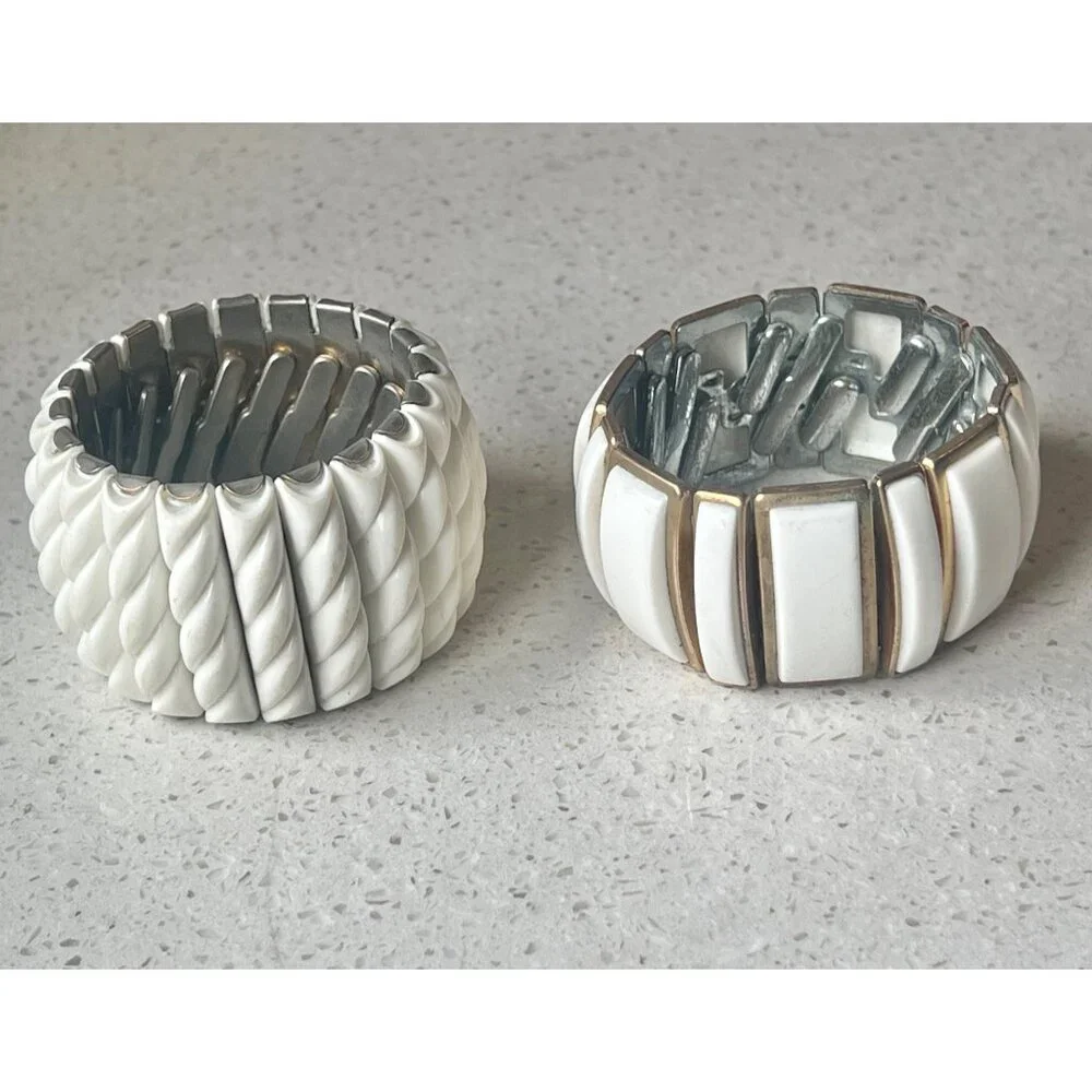 Expansion Bracelets MCM White Thermoset Lot Of 2 Rope Rectangular Retro Boho - Picture 2 of 6